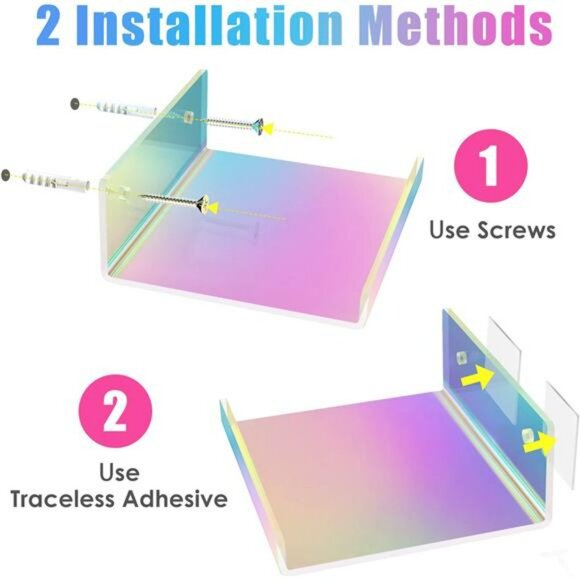 Set of 2 iridescent acrylic floating wall shelves rainbow adhesive storage rack - Picture 5 of 8